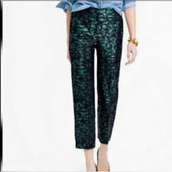 NWT J. Crew Emerald Green Metallic Jaquard Crop Pant Size 2P - Picture 1 of 6
